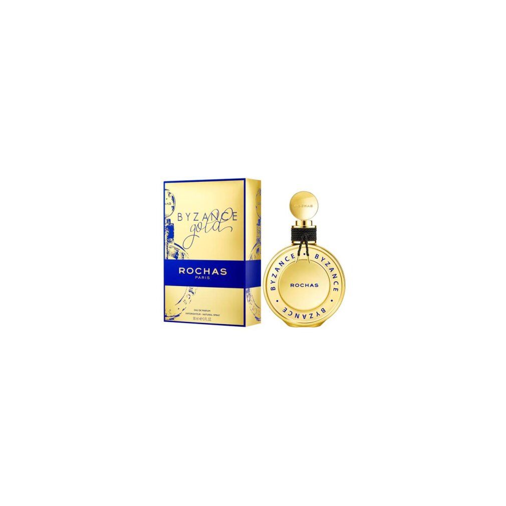 Rochas Byzance Gold Eau de Parfum Flakon und Schachtel, isoliert.