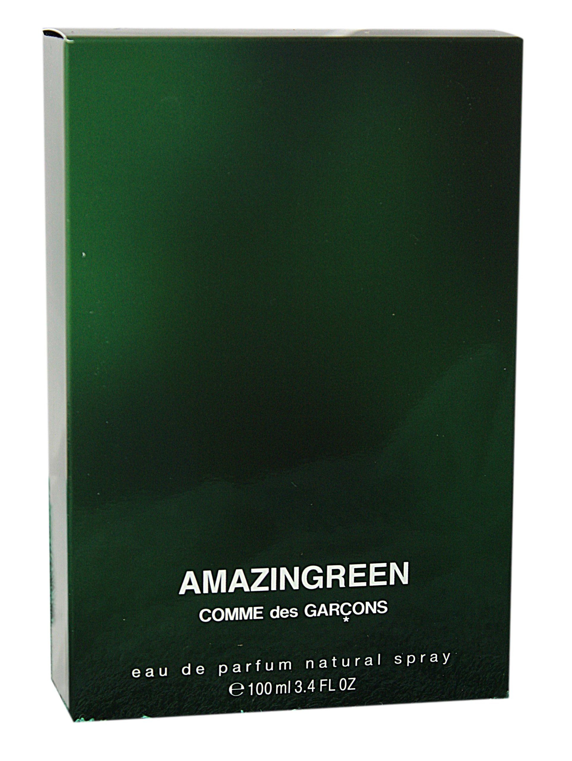 Grüne Verpackung von Amazingreen Comme des Garcons. Text: Amazingreen, Comme des Garcons, Eau de Parfum Natural Spray, 100 ml.