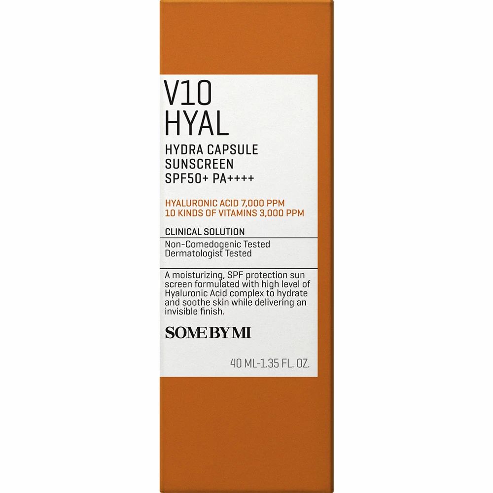 Produktverpackung. Aufschrift: V10 Hyal Hydra Capsule Sunscreen SPF50+ PA++++. Text: Clinical Solution. Enthält Hyaluronsäure und Vitamine. Orangefarbener Hintergrund.