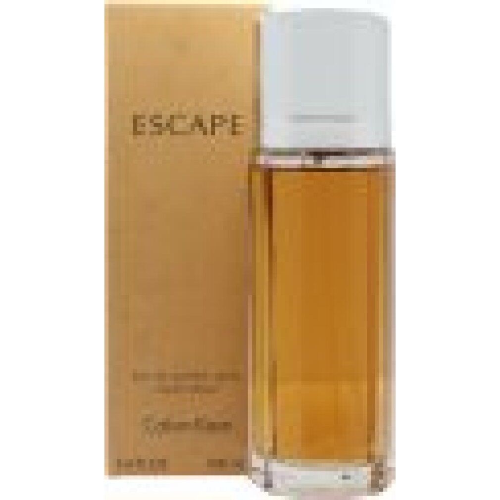 Parfümflasche und Verpackung. Flasche mit weißem Deckel, goldfarbener Flüssigkeit. Verpackung mit "ESCAPE" Schriftzug.