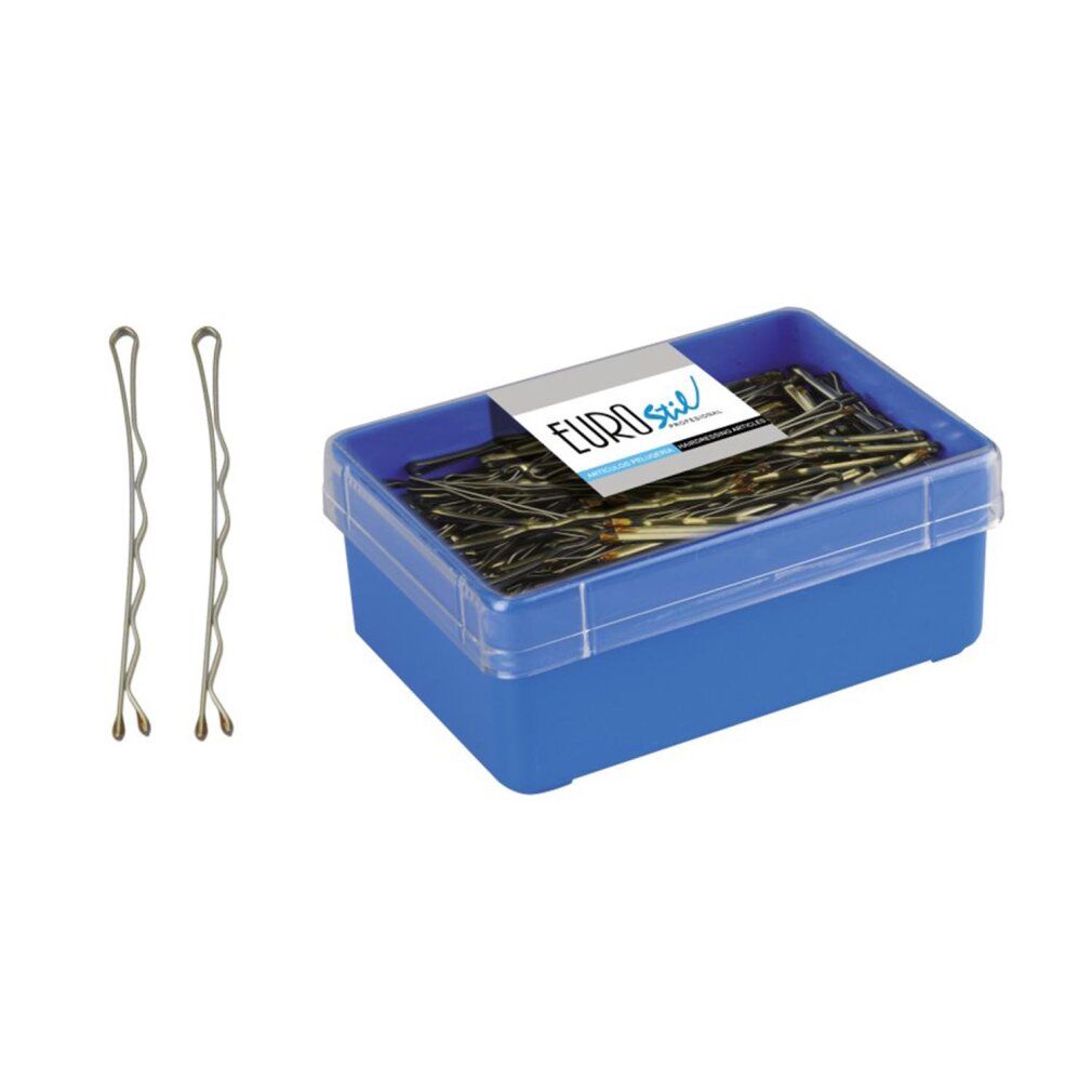 Haarnadeln neben blauer Box. Box mit Eurostil-Logo und Haarnadeln. Zwei einzelne Haarnadeln links.