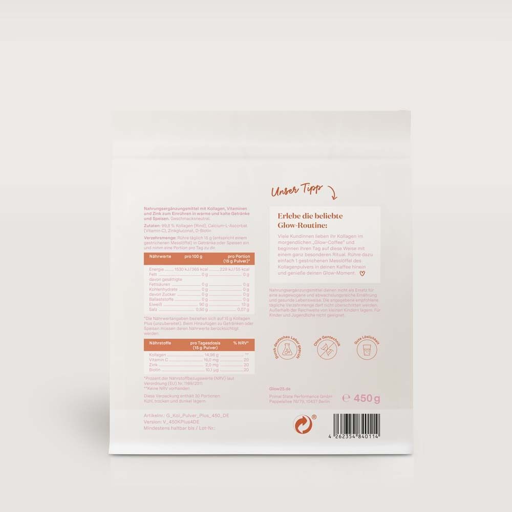 Rückseite des Glow25® Kollagen plus-Beutels. Nährwertangaben und Inhaltsstoffe. 450g. Text.