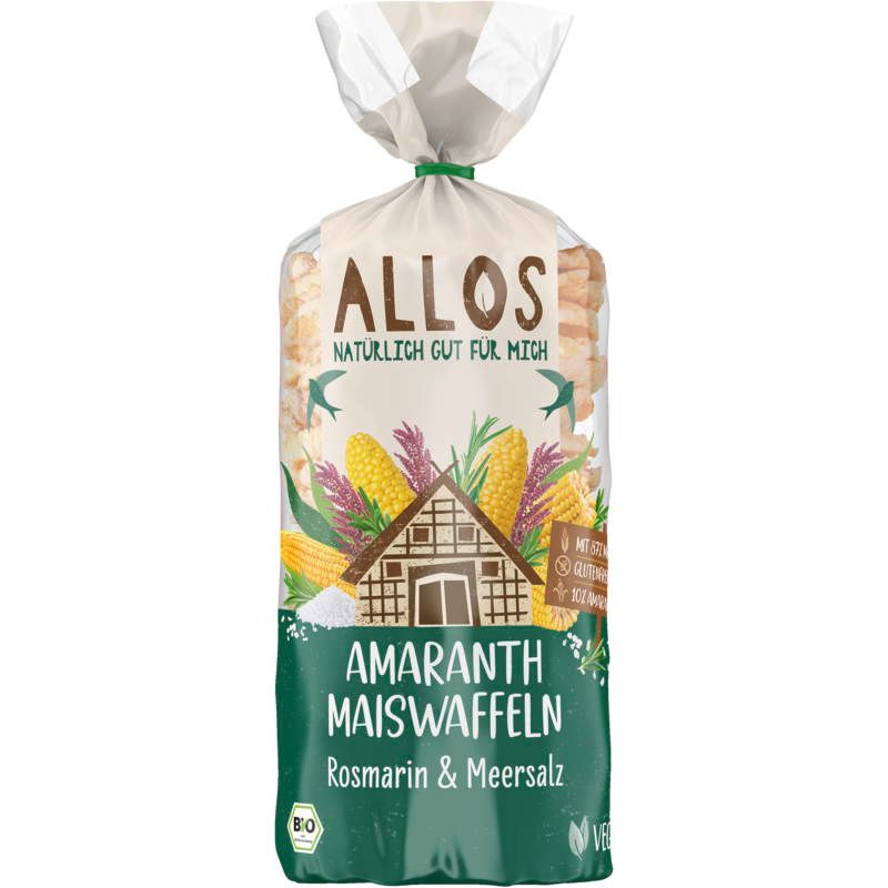 Verpackung mit Maiswaffeln. Aufschrift: ALLOS, Amaranth Maiswaffeln Rosmarin & Meersalz. Bio-Siegel und Vegan-Logo.