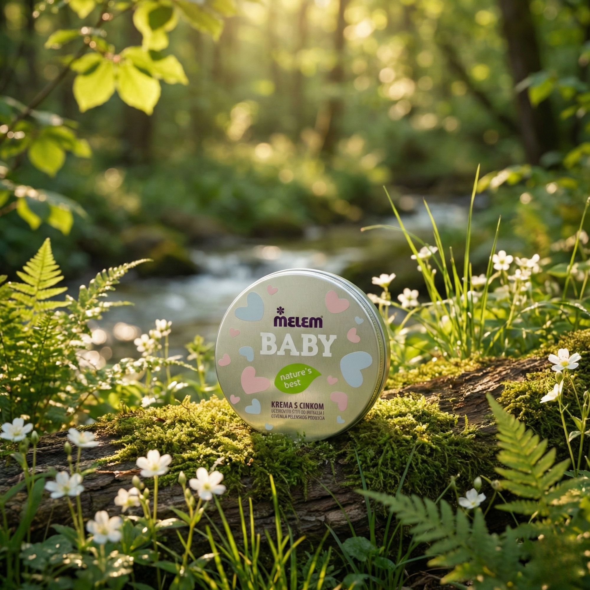 Runde Dose mit Aufschrift Melem Baby auf einem Baumstamm im Wald. Umgebung: grüne Pflanzen und Blumen.