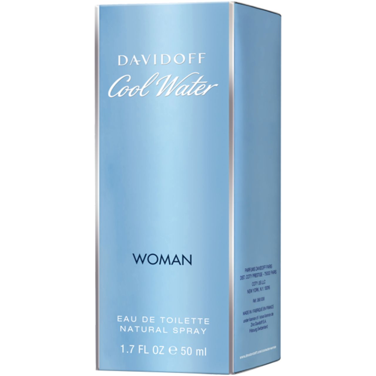 Hellblaue Schachtel. Aufschrift: DAVIDOFF Cool Water WOMAN. Text: Eau de Toilette Natural Spray. 1.7 FL OZ e 50 ml.