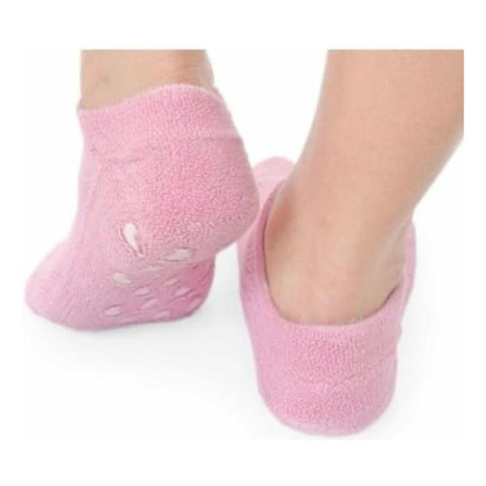 Paar rosa Spa-Gel-Socken. Die Socken haben eine rutschfeste Sohle mit weißen Fußabdrücken. Die Socken sind auf weißem Hintergrund abgebildet.