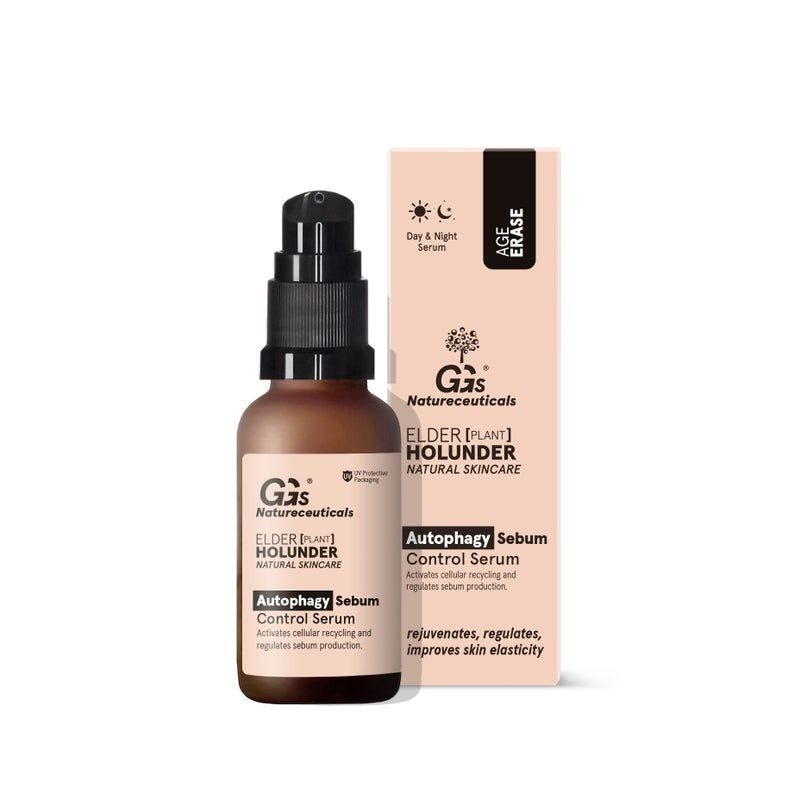 Braune Serumflasche mit schwarzem Pumpkopf und Karton. Aufschrift: Autophagy Sebum Control Serum. Marke: GGs Natureceuticals.