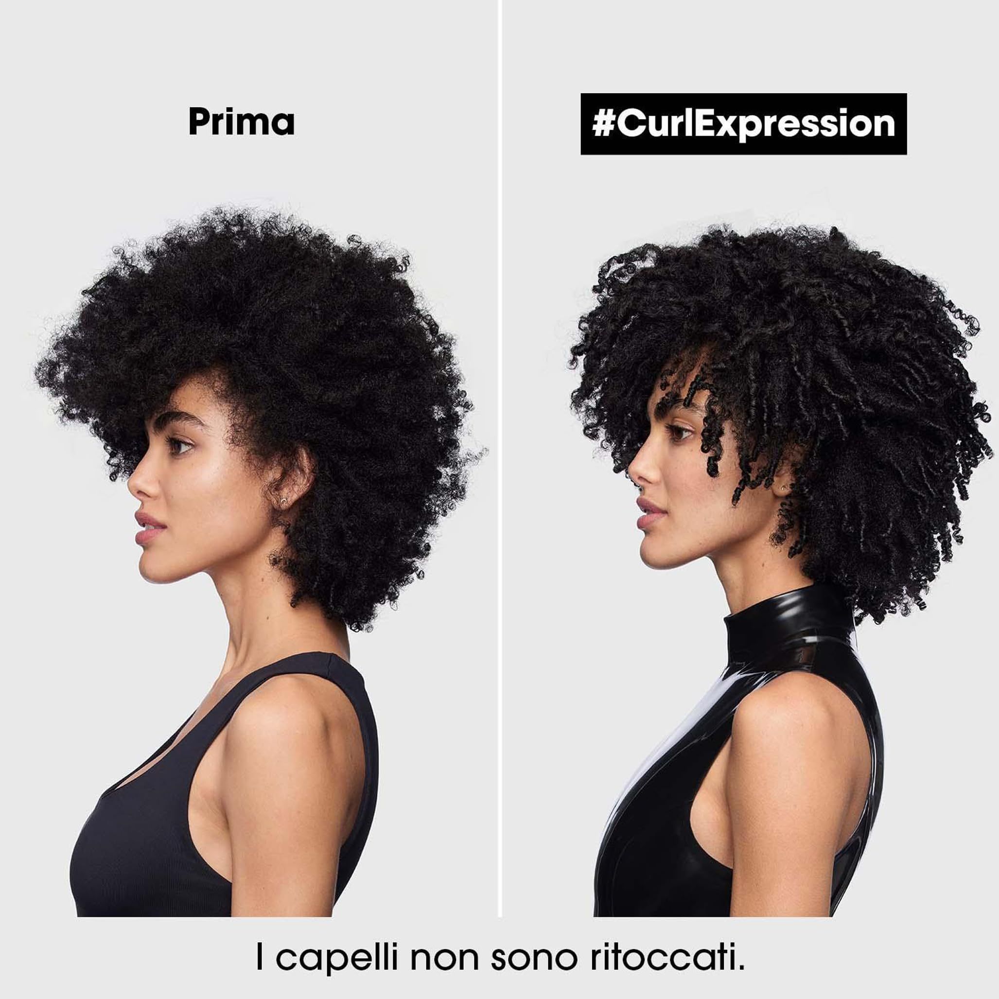 Vergleich von lockigem Haar vor und nach der Anwendung. Text: #CurlExpression. Haare nicht retuschiert.