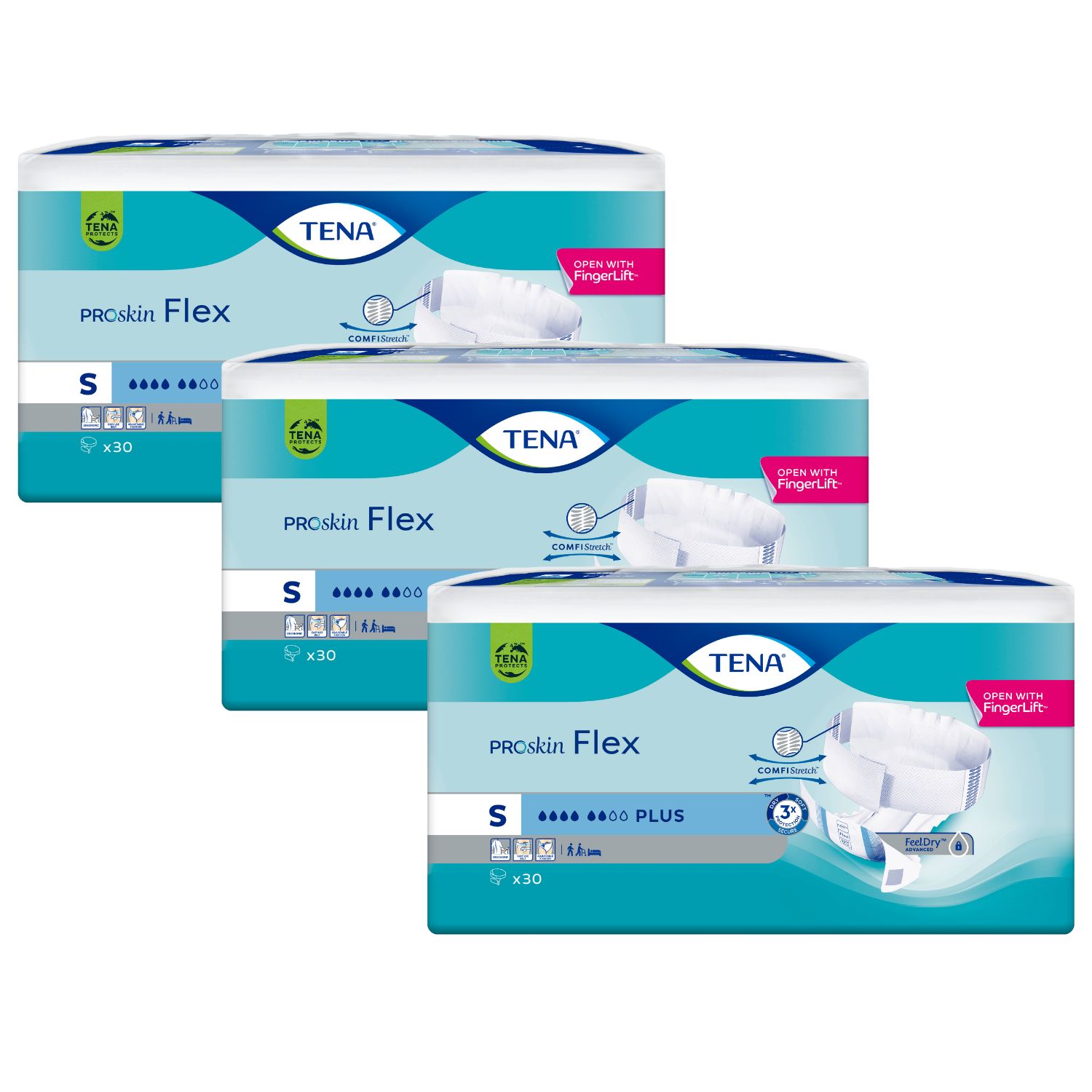 Drei Packungen TENA ProSkin Flex, Größe S. Jede Packung zeigt das TENA-Logo, Produktbezeichnung und x30 Stück.