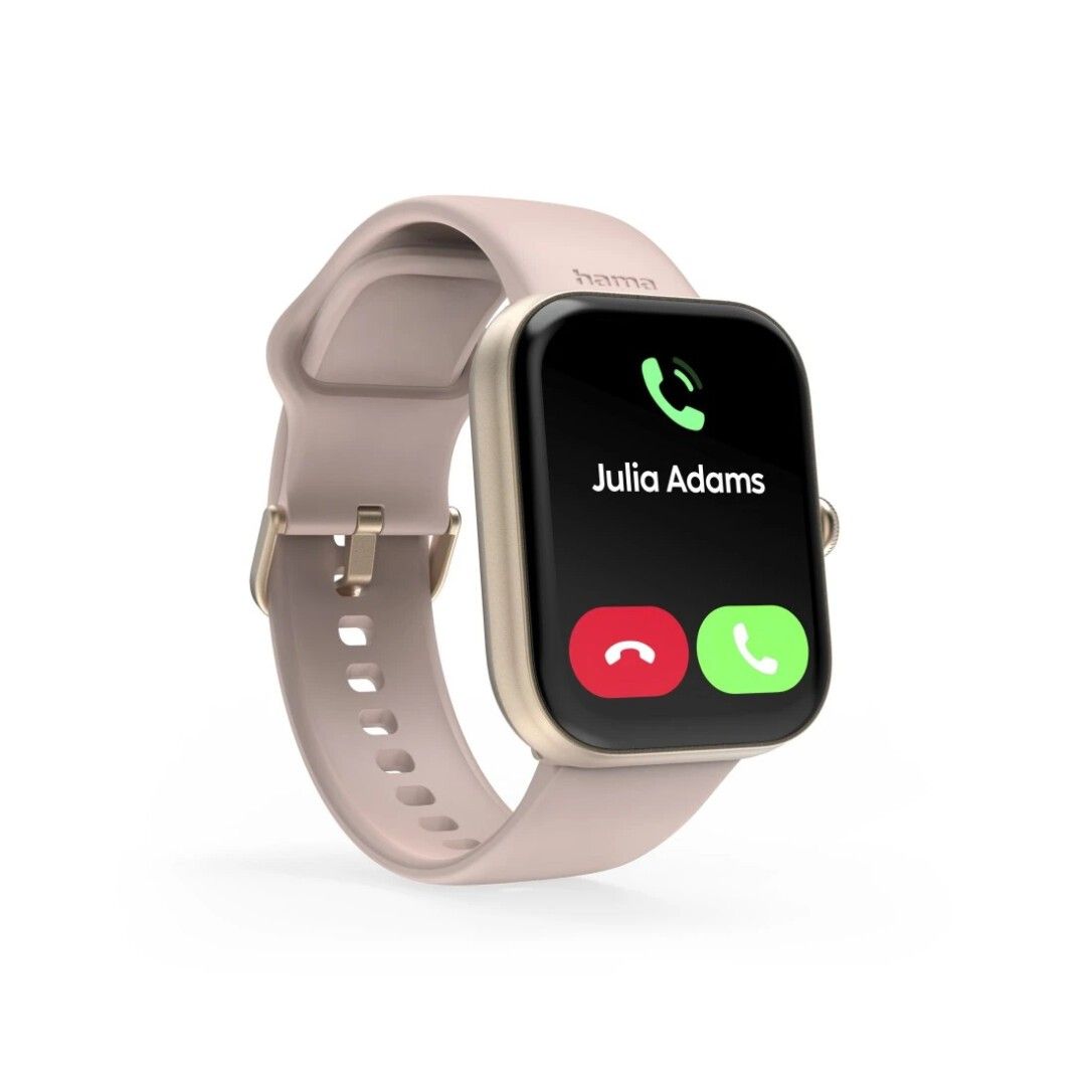 Roséfarbene Smartwatch mit goldfarbenem Gehäuse. Das Display zeigt einen eingehenden Anruf.