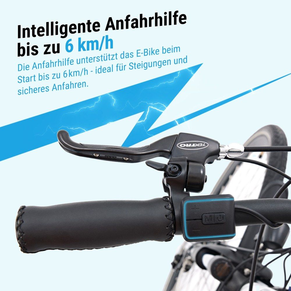 Nahaufnahme des Bremshebels und des Lenkers eines E-Bikes mit intelligenter Anfahrhilfe bis 6 km/h.