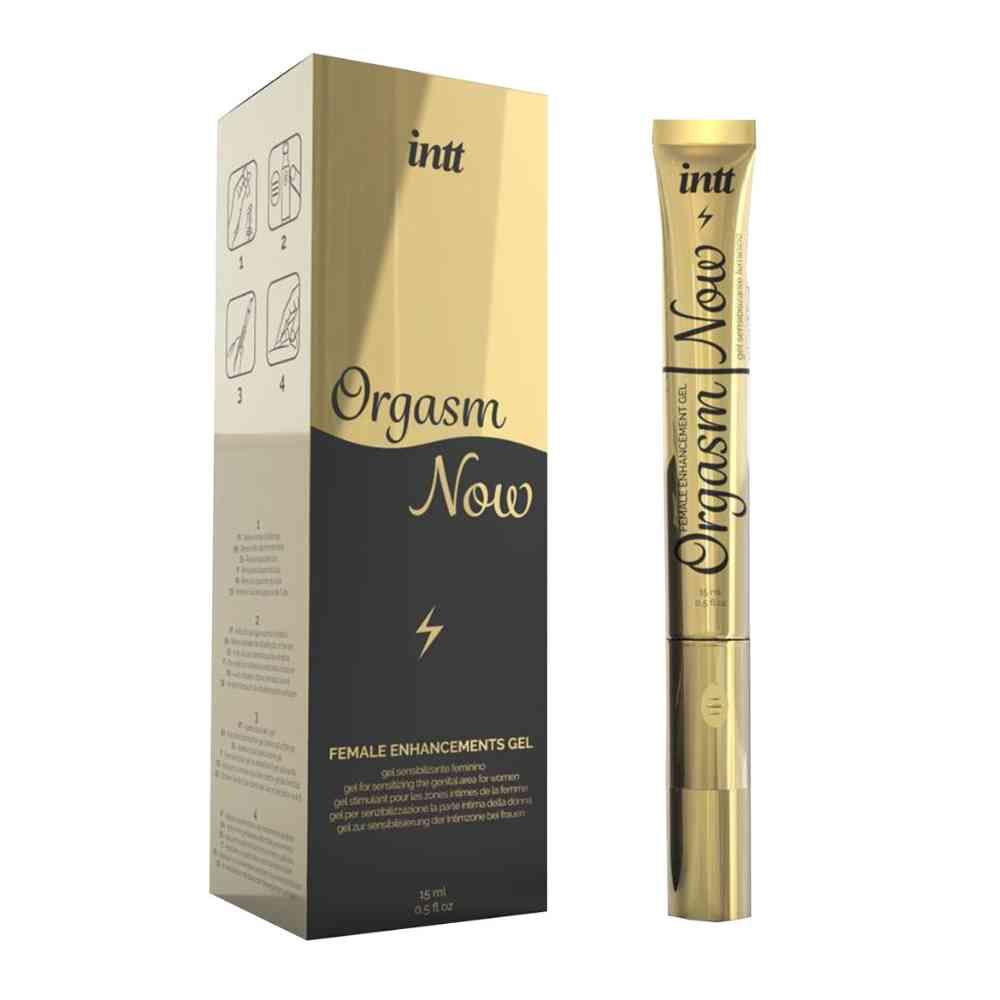 Produktverpackung und Tube. Verpackung mit 'Orgasm Now' und Anwendungsbildern.