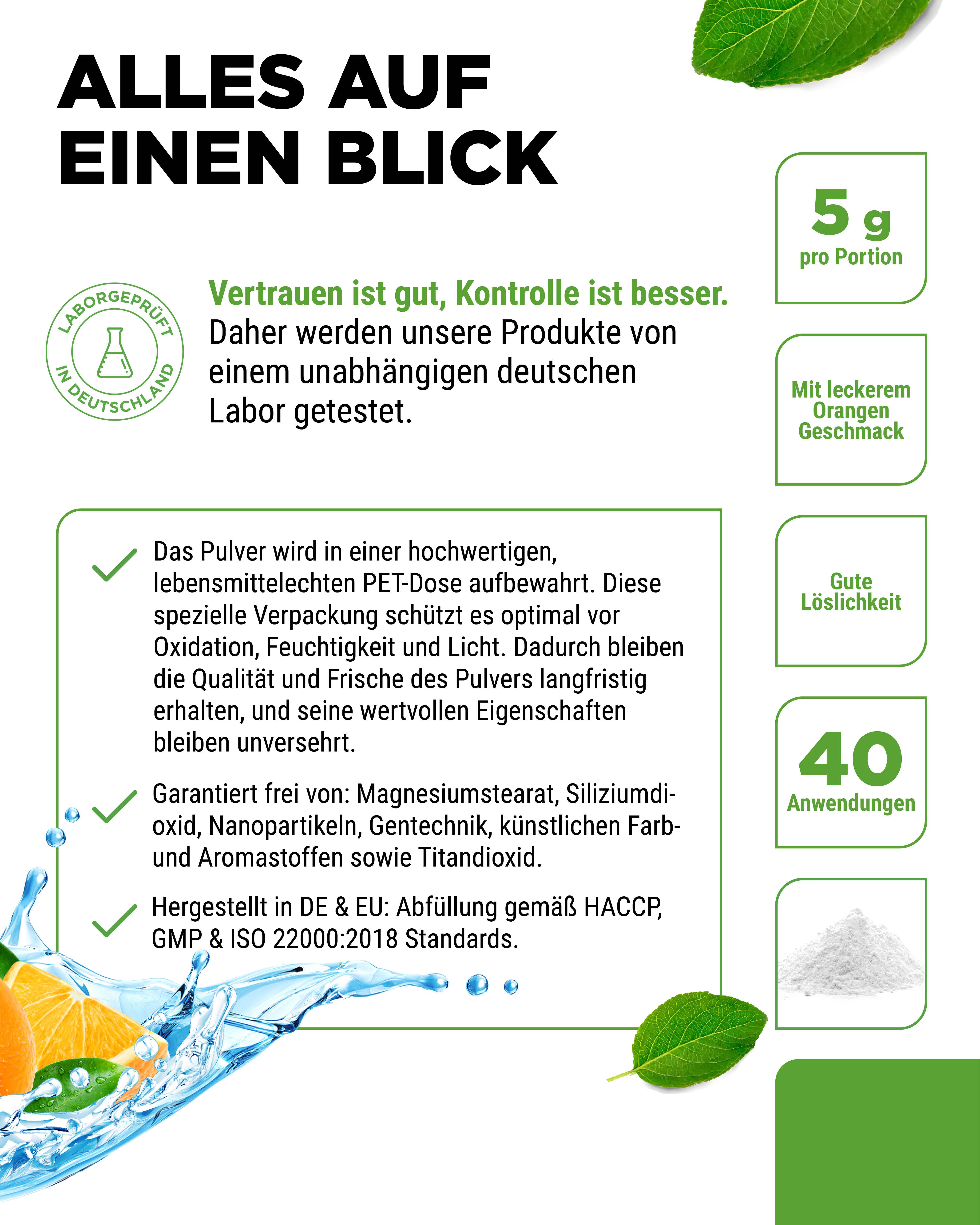Vit4ever Elektrolyte Pulver in Dose. Aufschrift: Elektrolyte Hydration Formula. Mit Orangen und Wasser. Laborgeprüft, 40 Portionen.