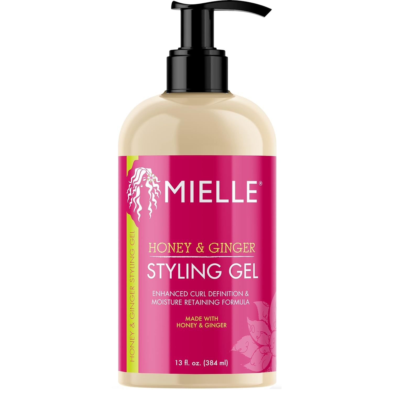 Styling-Gel mit Pumpe. Rosa Etikett mit Schriftzug Mielle, Honey & Ginger Styling Gel. 13 fl. oz.