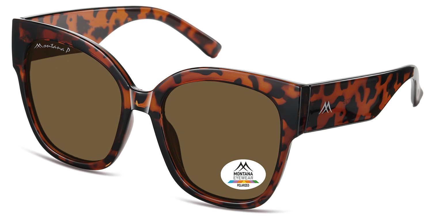 Sonnenbrille mit braunen Gläsern und braunem Schildpatt-Rahmen. Logo Montana Eyewear. Polarisiert-Aufkleber.