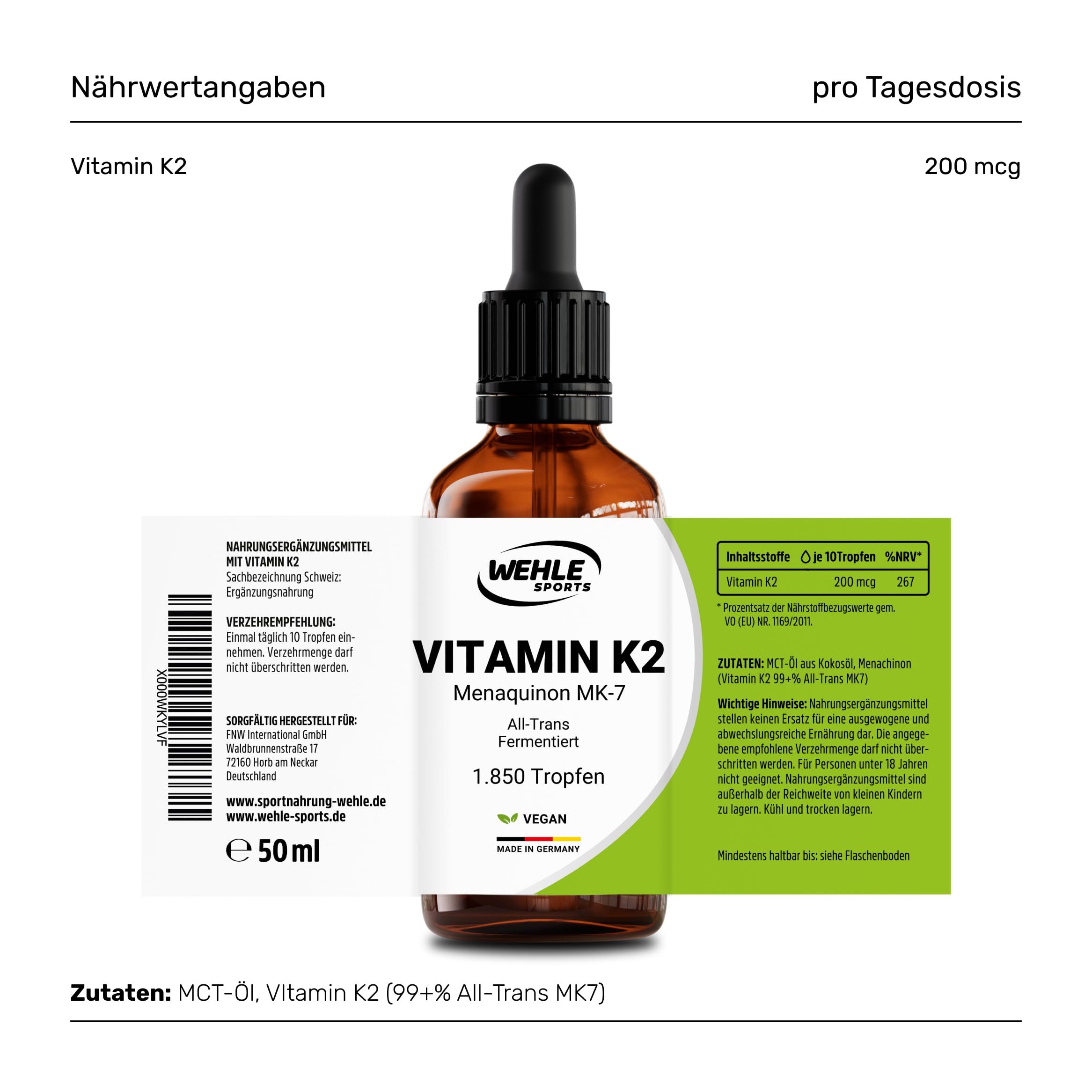 Braune Glasflasche mit Tropfer. Aufschrift: Vitamin K2, Menaquinon MK-7. Etikett mit Nährwertangaben und 200 mcg pro Tagesdosis.