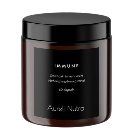 Braune Dose mit schwarzem Deckel und Etikett. Aufschrift: IMMUNE, 60 Kapseln, Aureli Nutra.