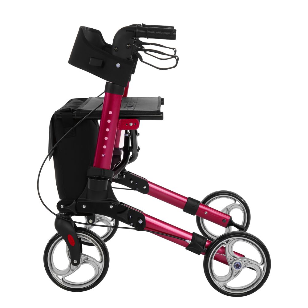 Roter Aluminium-Rollator mit Sitz, Tasche und höhenverstellbaren Griffen.