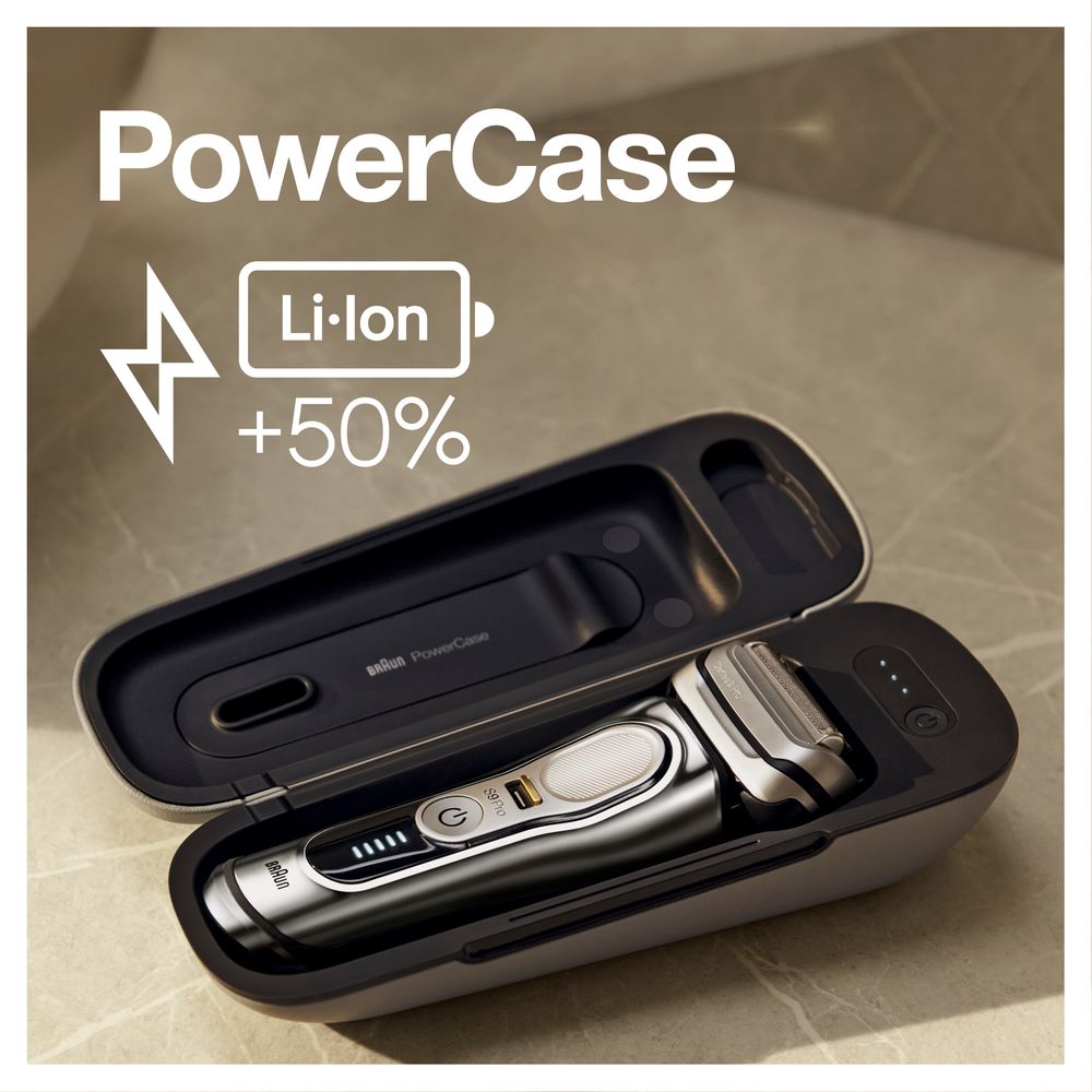 Rasierer in einer grauen PowerCase. Text: PowerCase, Li-Ion +50%.