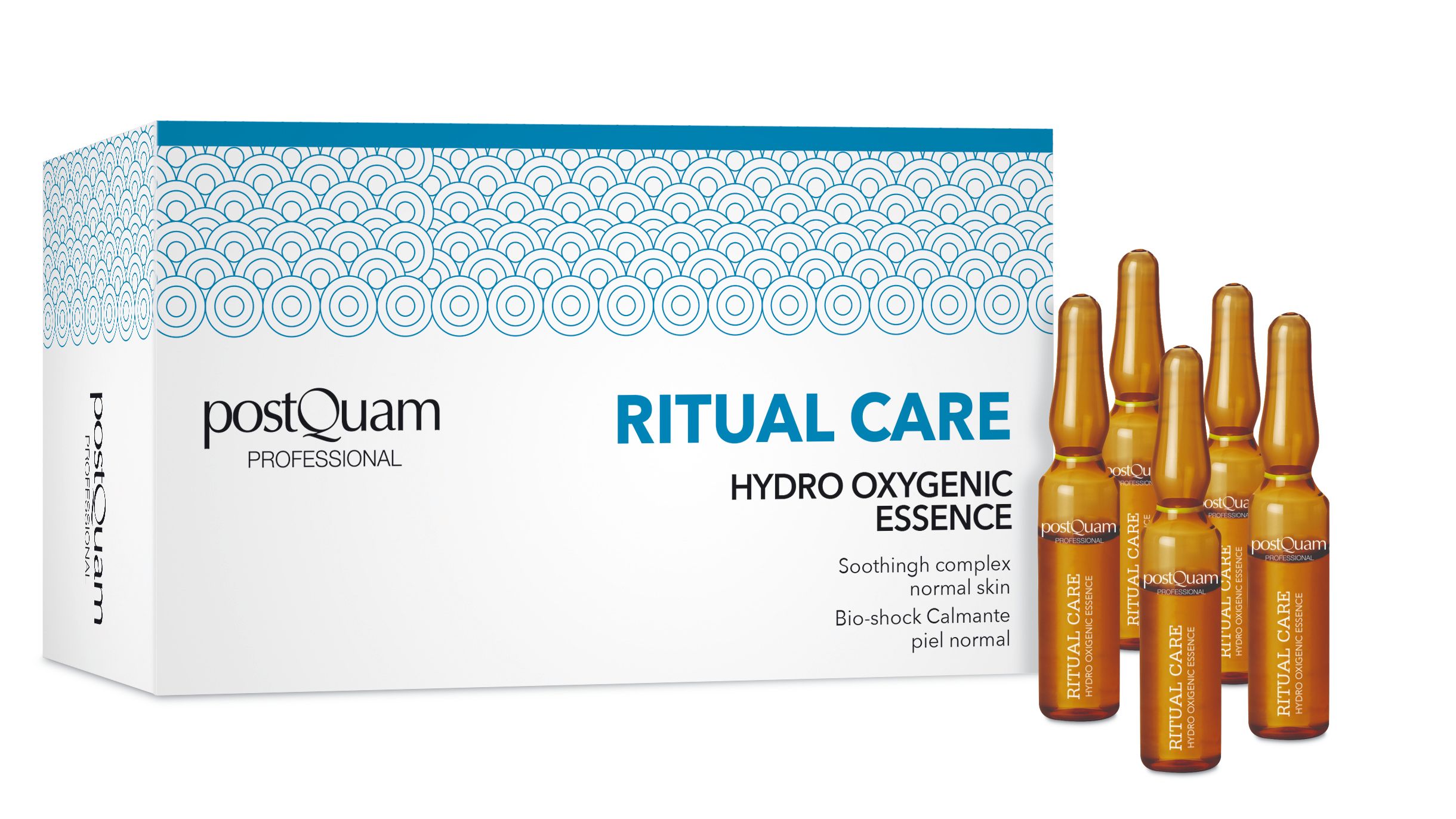 Packung mit Ampullen. Aufschrift 'Postquam Professional', 'Ritual Care Hydro Oxygenic Essence'. Ampullen in Reihe.