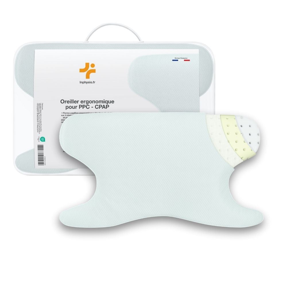 Ergonomisches Kissen für CPAP-Geräte. Hellblau, mit Tragegriff. Verpackung mit Produktname und Logo.