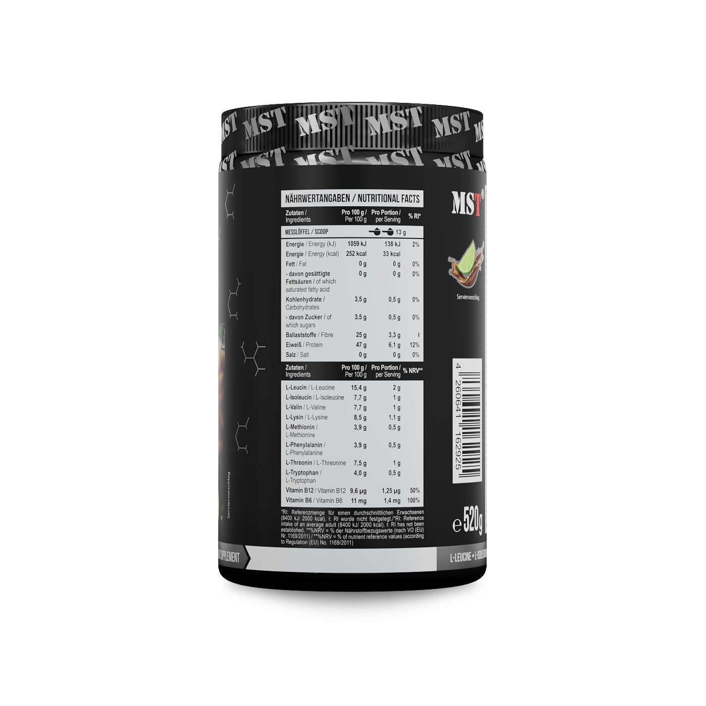 Schwarzer Behälter mit Nährwertangaben und Aminosäureprofil für MST BCAA & EAA, 520g.