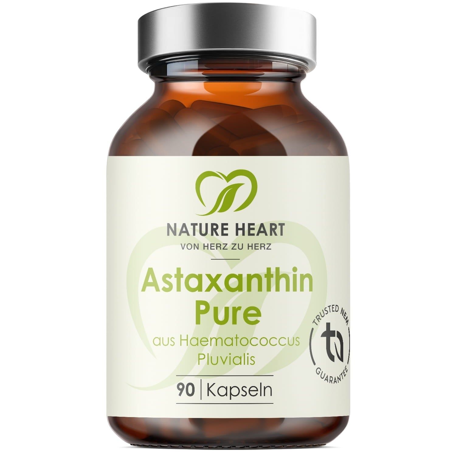 Braune Glasflasche mit Astaxanthin Pure Kapseln. Aufschrift: Nature Heart, 90 Kapseln. Siegel: Trusted NEM Guarantee.