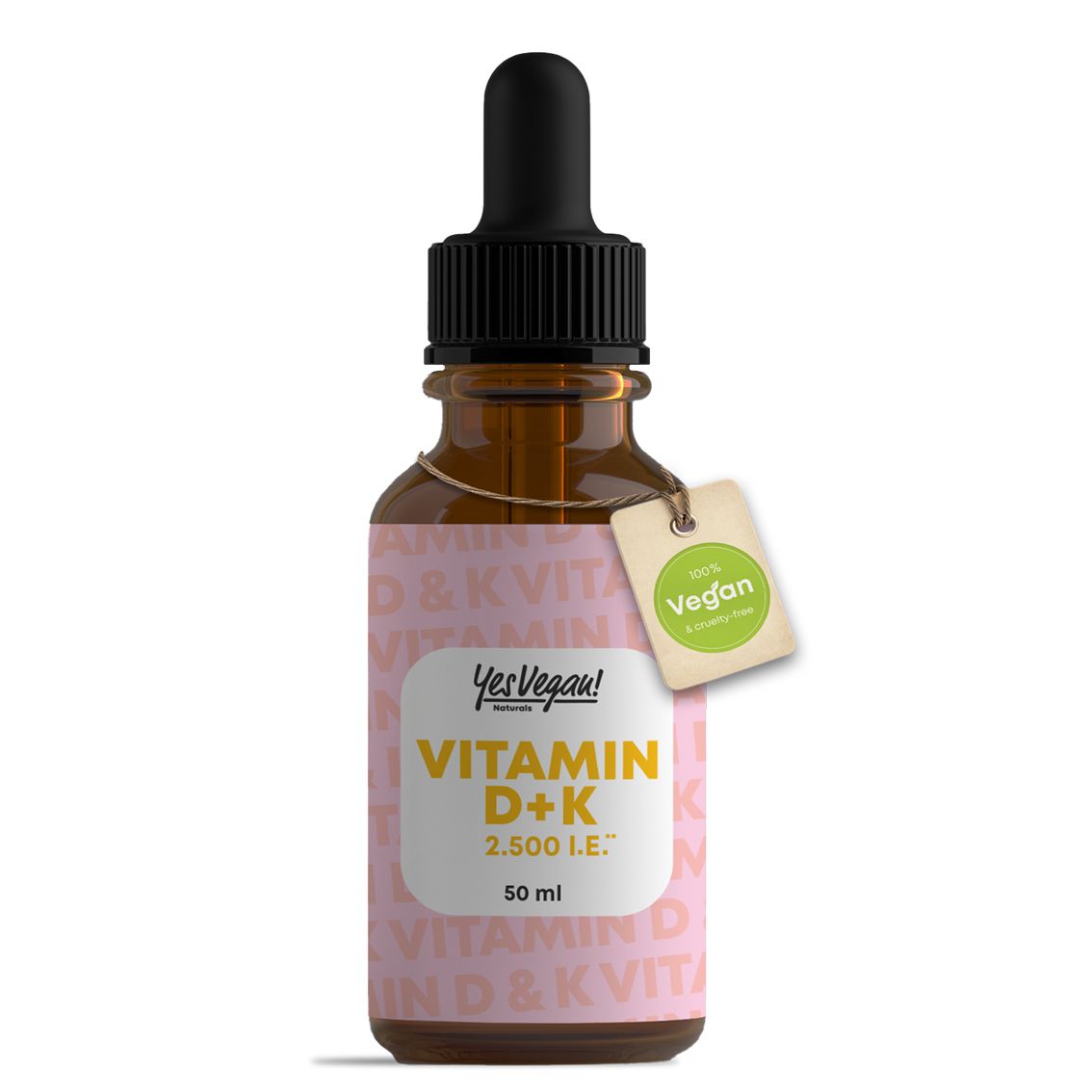 Braune Glasflasche mit Pipette, Vitamin D+K Tropfen, 50 ml, mit "100% Vegan" Anhänger.