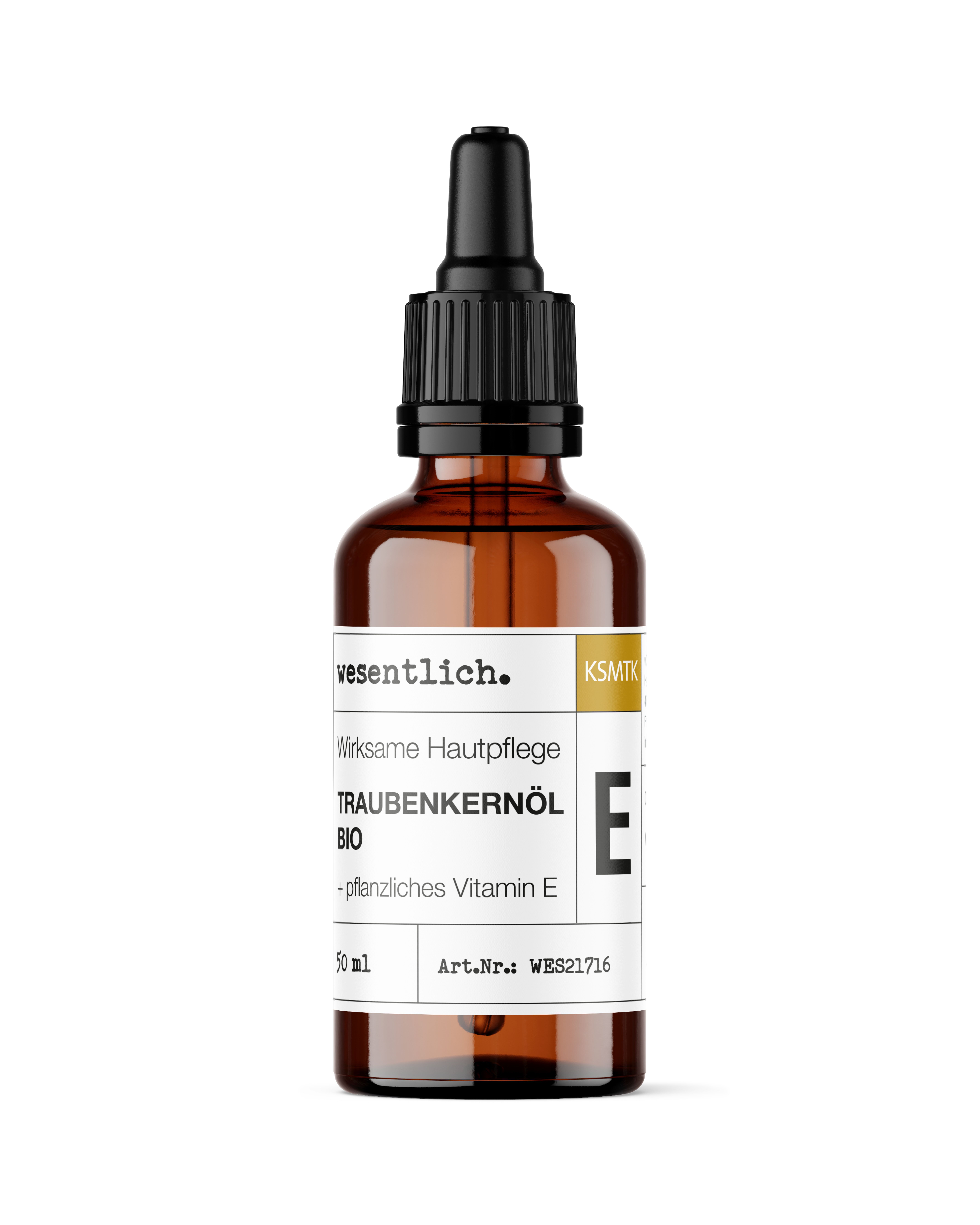 Braunglasflasche mit Tropfer. Beschriftung: wesentlich., Traubenkernöl bio +E, 50 ml.