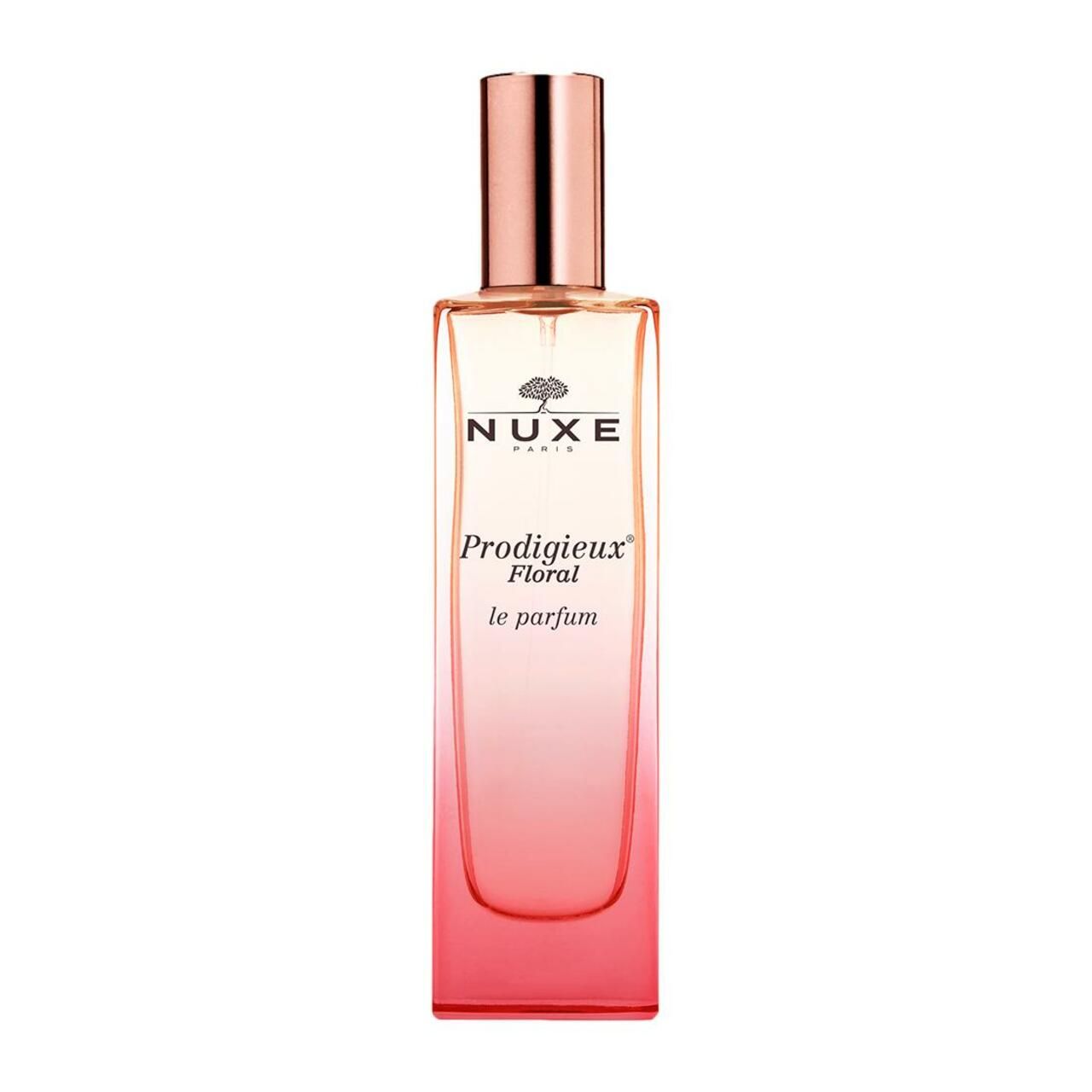 NUXE Prodigieux Floral le Parfum. Rechteckige Flasche mit rosafarbenem Farbverlauf und kupferfarbenem Verschluss.