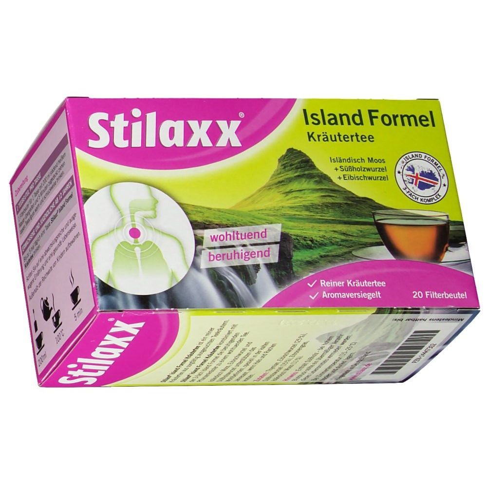 Schräg gestellte Packung Stilaxx Island Formel Kräutertee. Rosa-weißes Design mit Produktnamen und Illustrationen. 20 Filterbeutel.