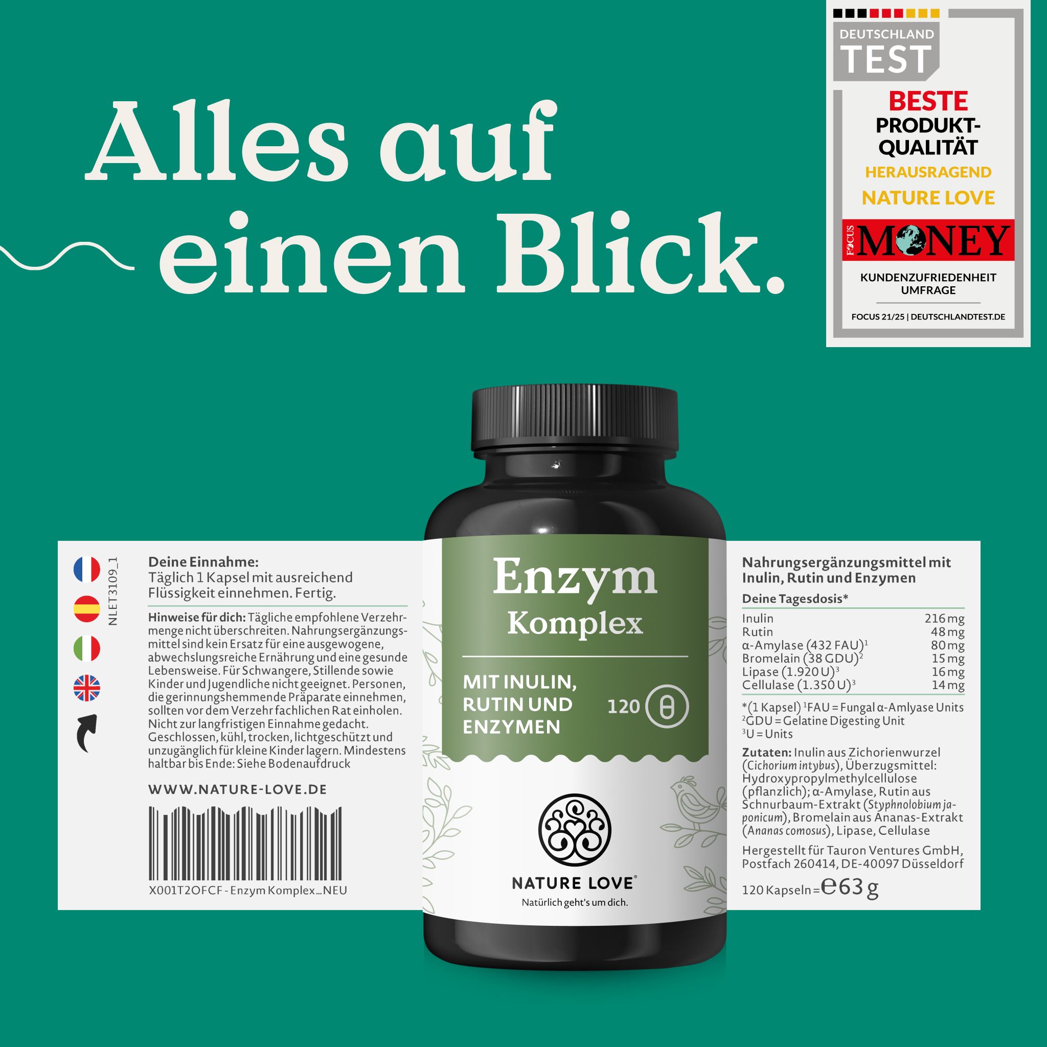 Flasche NATURE LOVE Enzym Komplex, 120 Stk. mit Nährwertangaben.