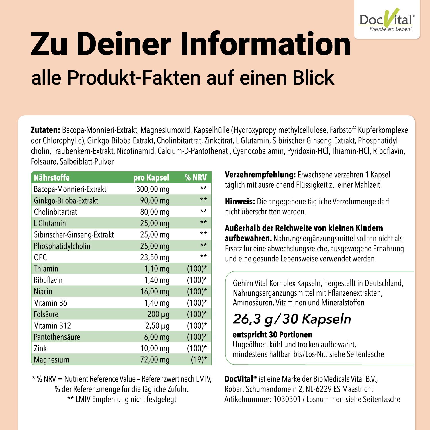 DocVital® Gehirn Vital Komplex – Ginseng, Ginkgo & Brahmi Kapseln