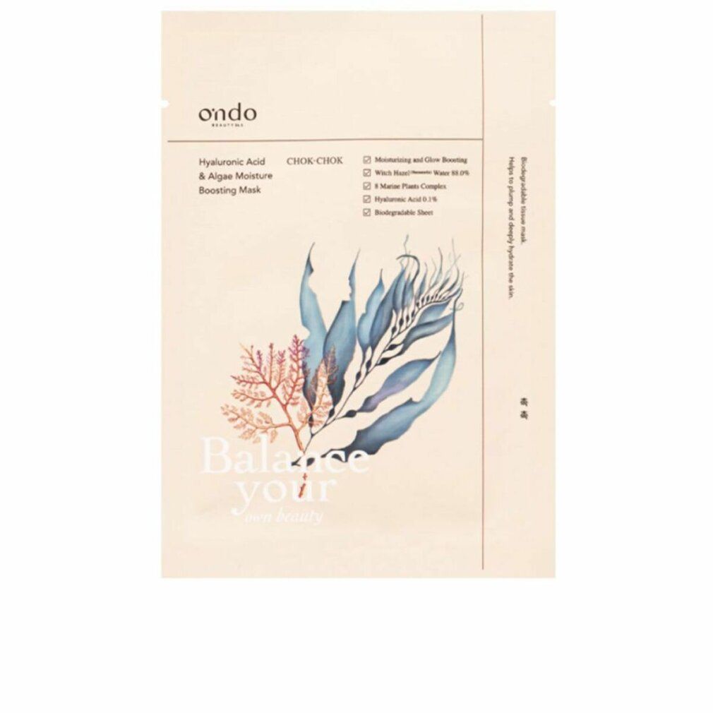 Verpackung der ONDO Hyaluronsäure & Algen Feuchtigkeitsmaske. Produktname und Inhaltsstoffe aufgedruckt. Illustration von Algen und Schriftzug.