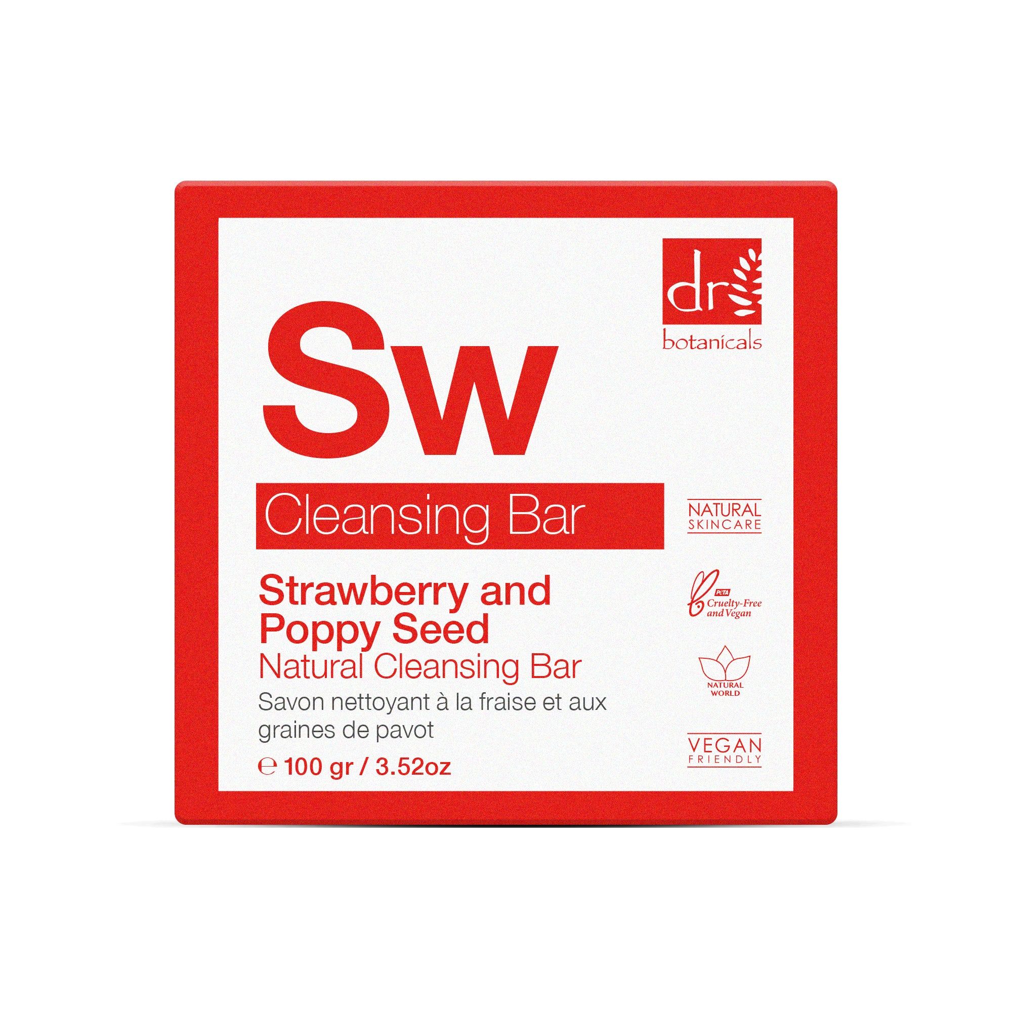 Rote Verpackung mit weißem Text: 'Sw Cleansing Bar'. 'Strawberry and Poppy Seed'. Vegan-Logo.
