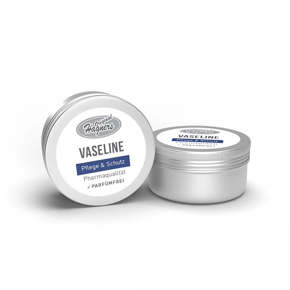 Zwei silberfarbene Tiegel mit Deckel. Auf dem Deckel steht "Vaseline" und "Pflege & Schutz".