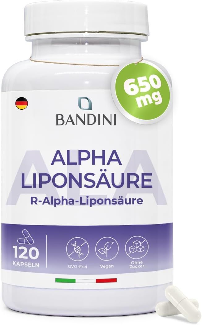 Weiße Flasche Alpha-Liponsäure Kapseln. Aufschrift: Alpha-Liponsäure, 120 Kapseln. 650 mg. Kapseln daneben.