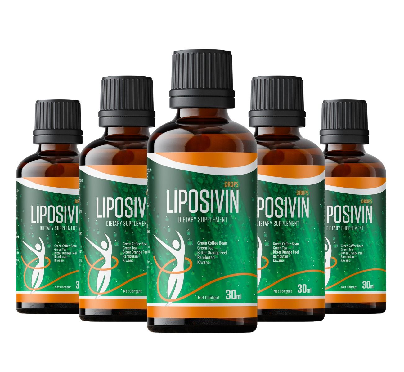 Fünf braune Glasflaschen mit schwarzen Deckeln. Etiketten mit "LIPOSIVIN" und Inhaltsstoffen. Grün-orangefarbenes Design. 30ml.