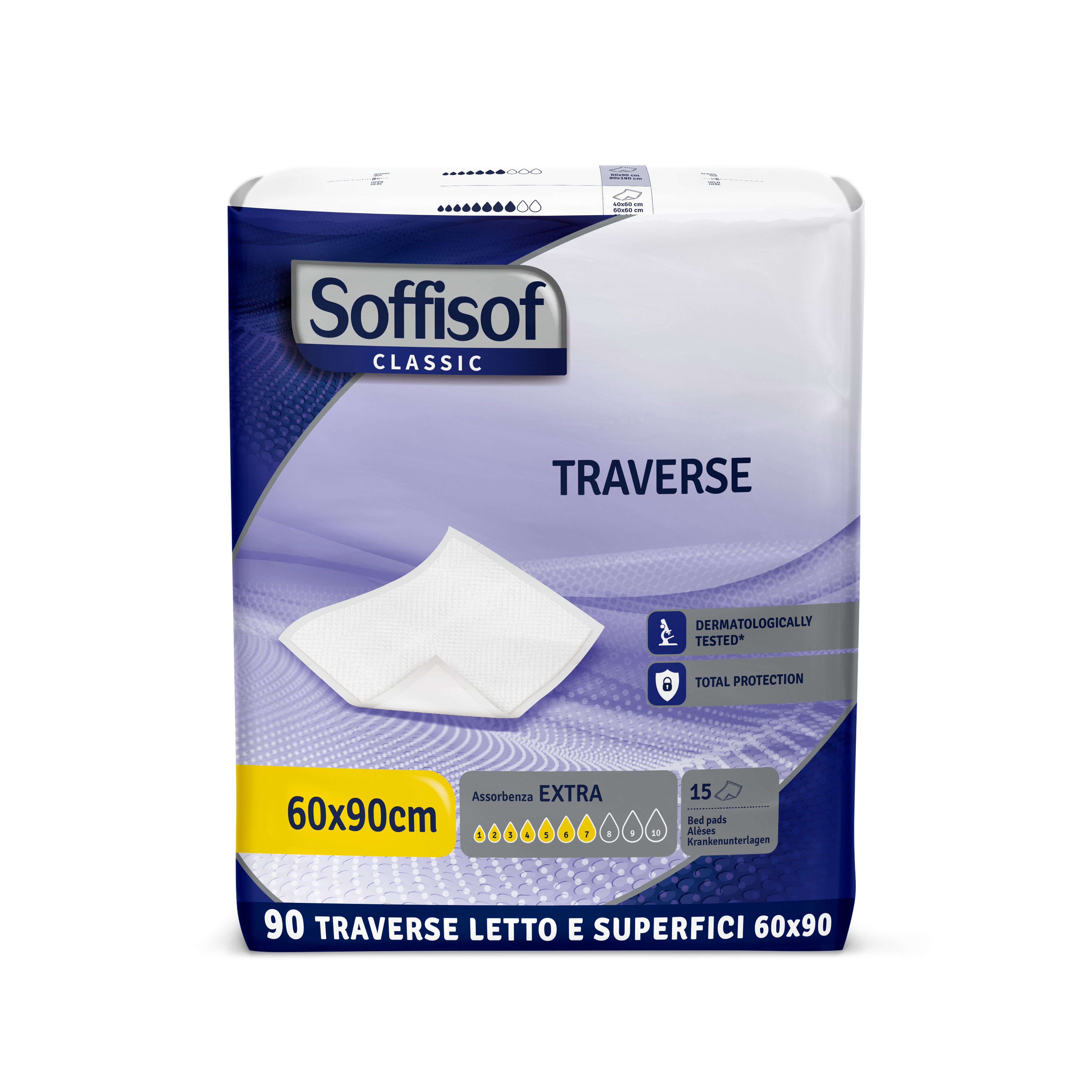 Paquet de protections de lit Soffisof Classic. Dimensions 60x90cm. Absorption extra. Testé dermatologiquement. Protection totale.