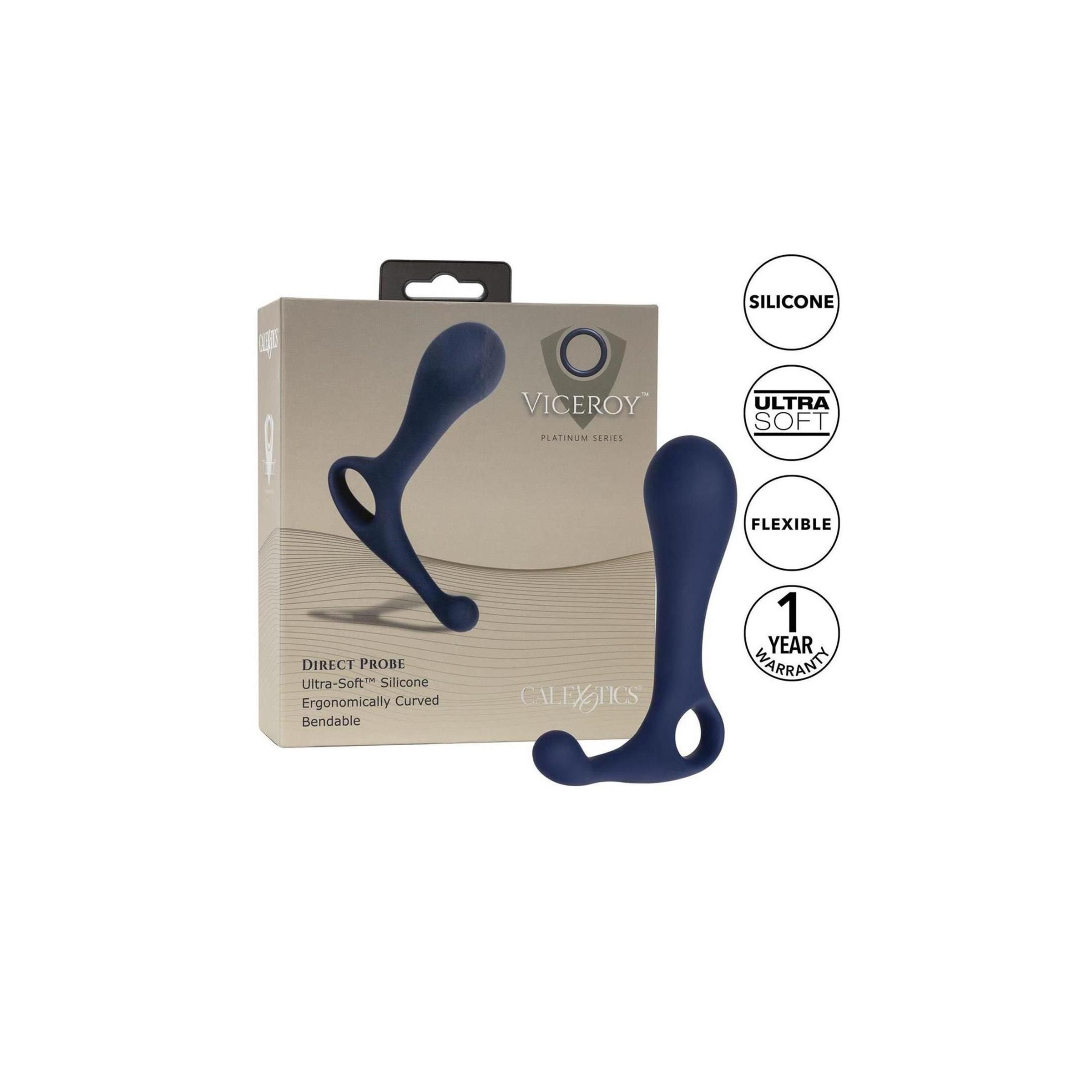 Dunkelblaue, ergonomisch geformte Silikon-Probe in Verpackung. Aufschrift: Viceroy, CalExotics, Ultra-Soft, Flexible, 1 Jahr Garantie.