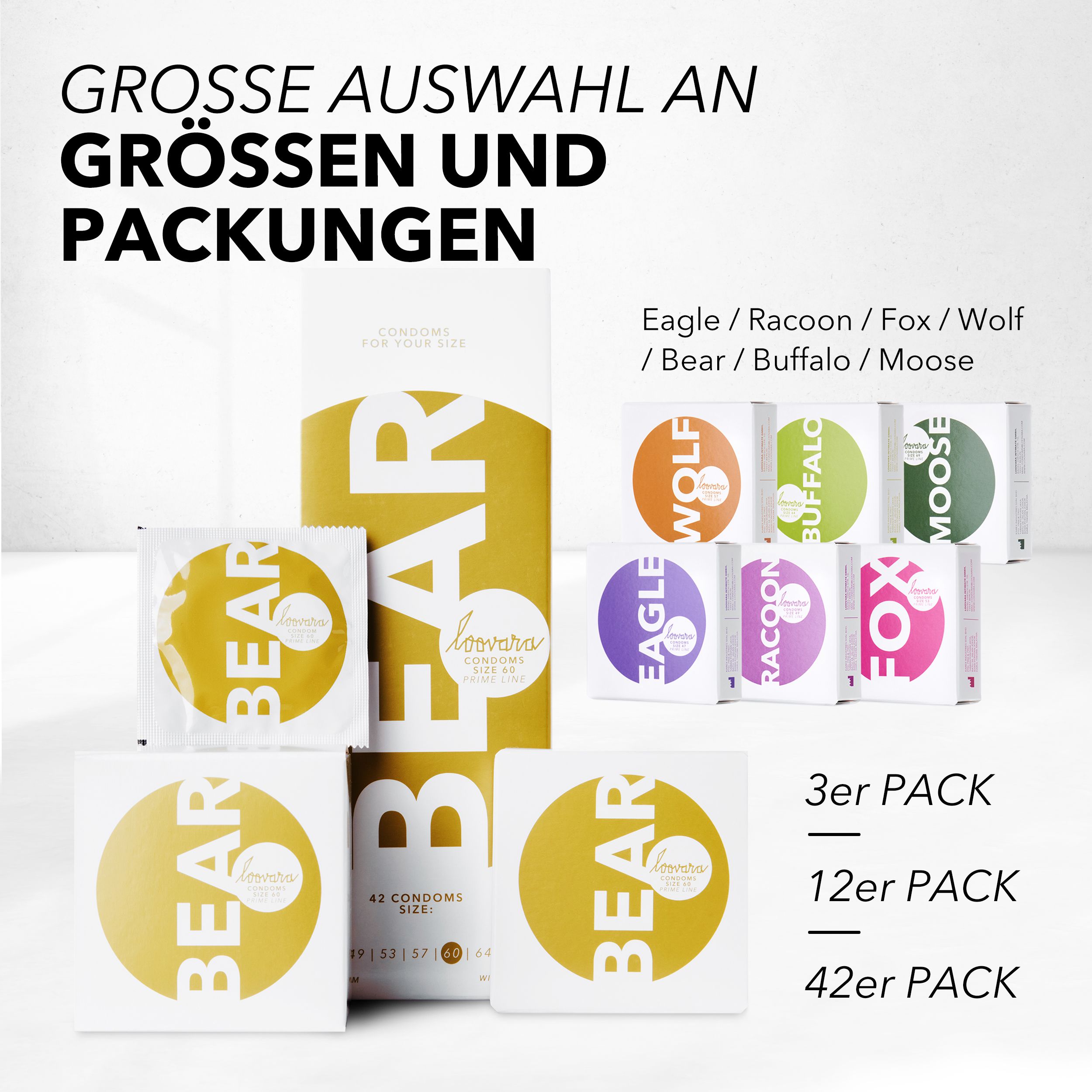 Verschiedene Verpackungen und Kondome. Aufschrift: Große Auswahl an Größen und Packungen. Größen: Eagle, Raccoon, Fox, Wolf, Bear, Buffalo, Moose.