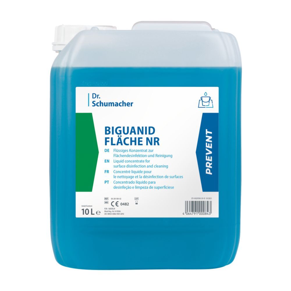 Kanister mit blauer Flüssigkeit. Aufschrift: BIGUANID FLÄCHE NR, Dr. Schumacher. 10L. CE-Kennzeichnung.