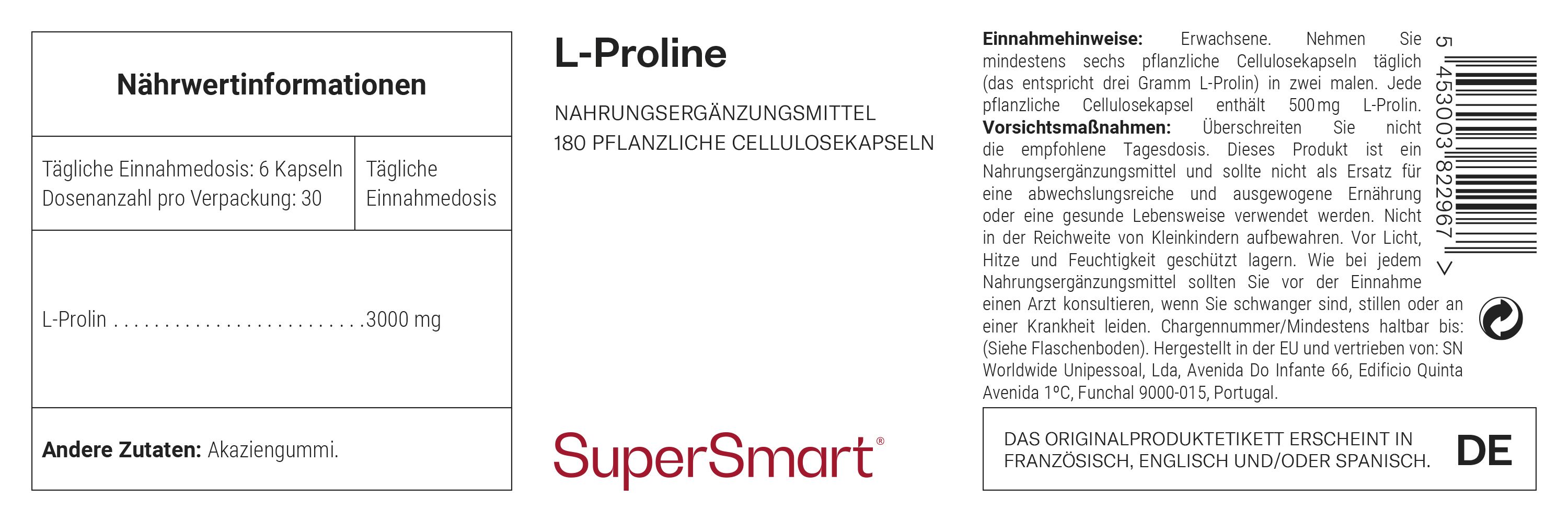 Etikett mit Produktinformationen. Enthält Angaben zu L-Prolin, 180 Kapseln. Marke: SuperSmart.