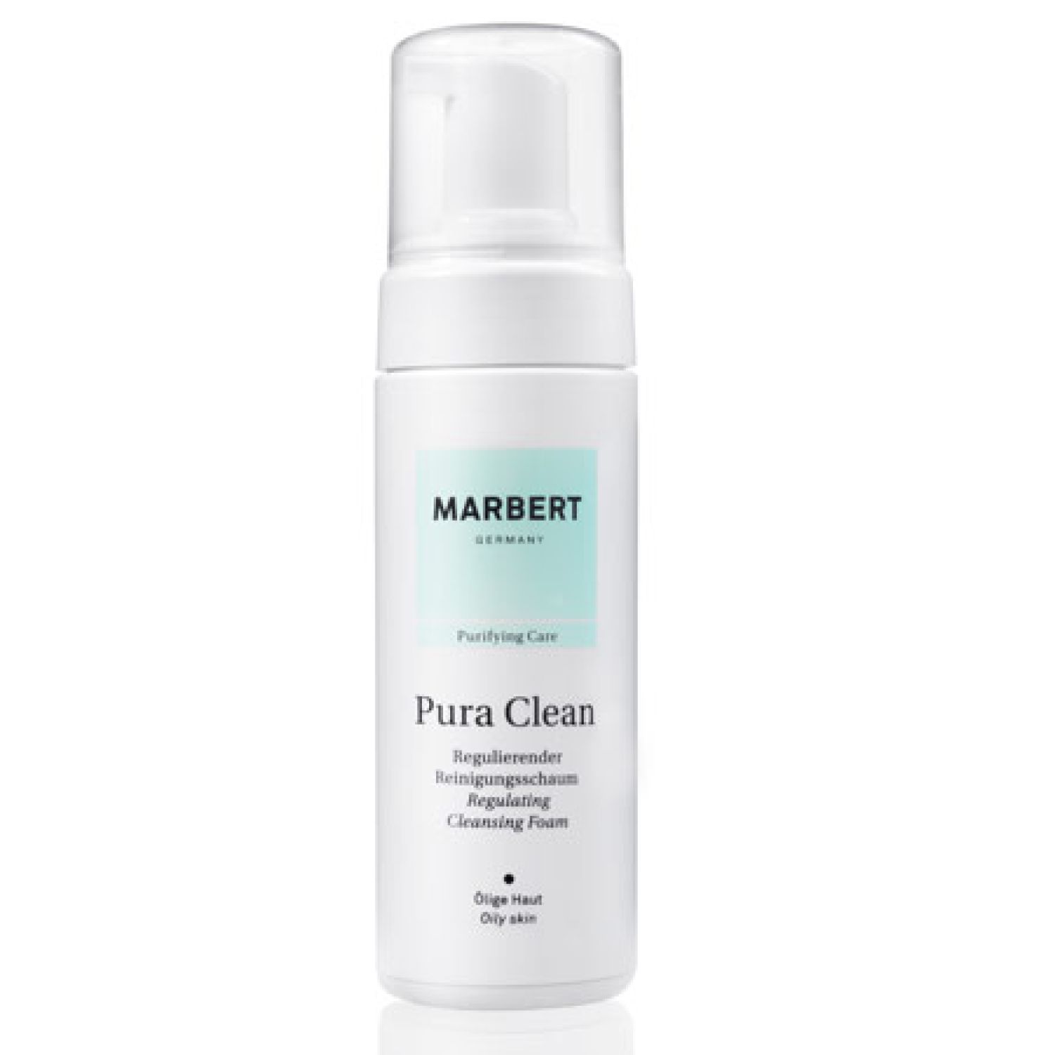 Weiße Flasche mit Pumpaufsatz. Aufschrift: MARBERT, Pura Clean, Regulierender Reinigungsschaum, Oily skin.