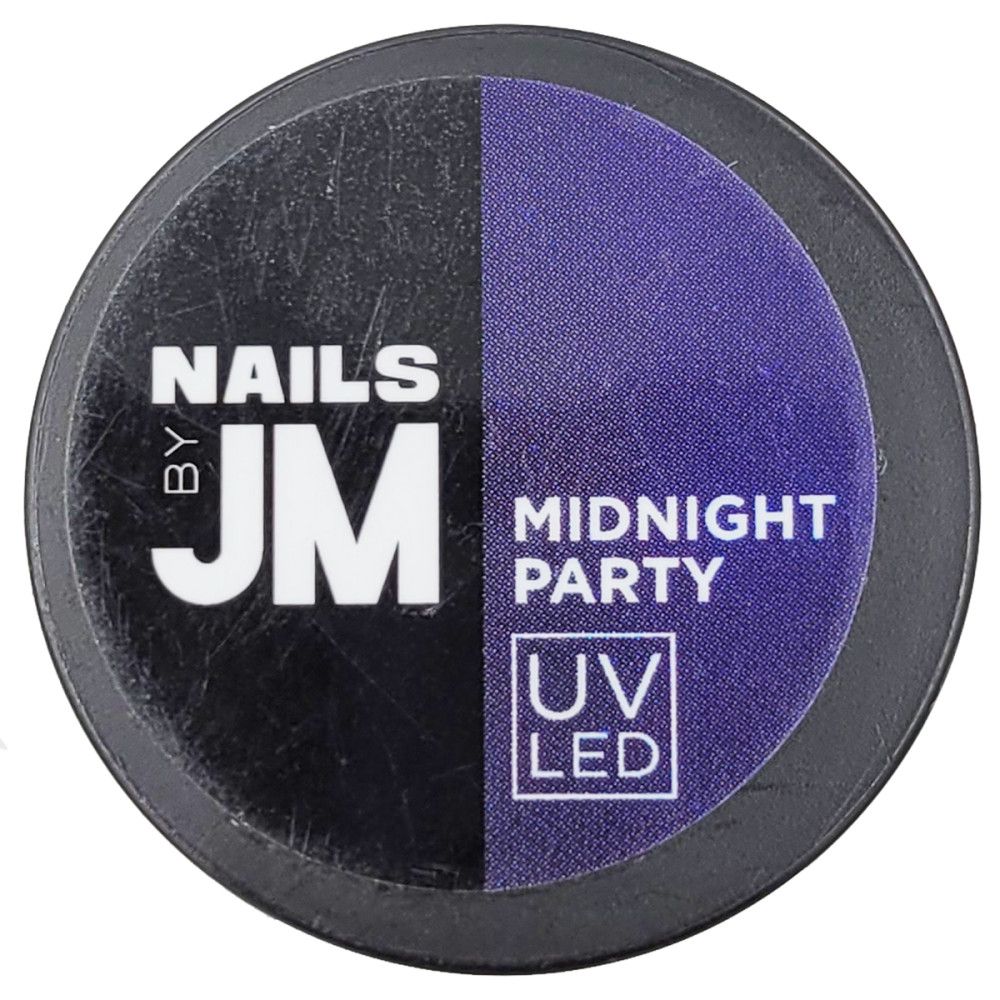 Runder Behälter, geteilt in Schwarz und Lila. Aufschrift: NAILS BY JM, MIDNIGHT PARTY, UV LED.