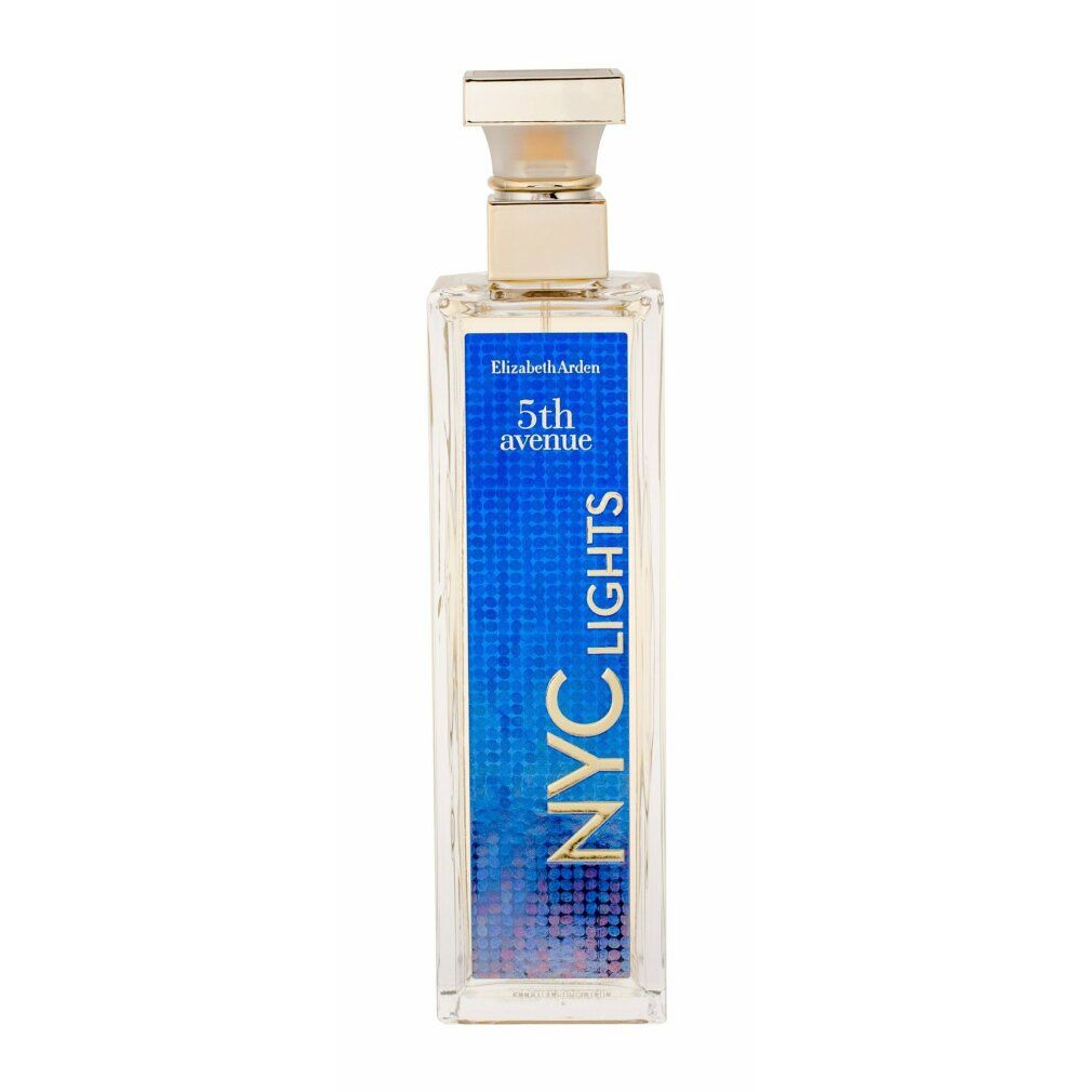 Parfümflasche. Rechteckige Flasche mit goldfarbenem Verschluss. Blaues Etikett mit Schriftzug.