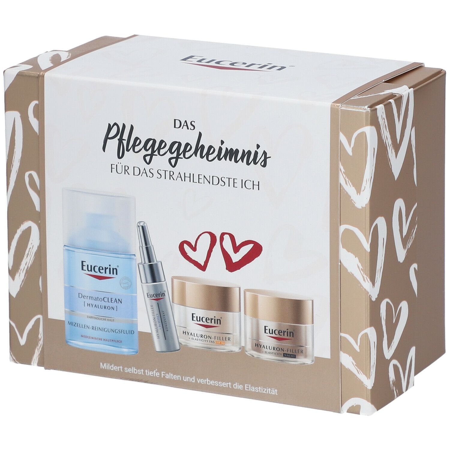 Geschenkset mit Produkten. Box mit weißer Front und goldfarbenen Seiten. Enthält Flasche, Serum und Cremes. Eucerin-Logo und Produktnamen.