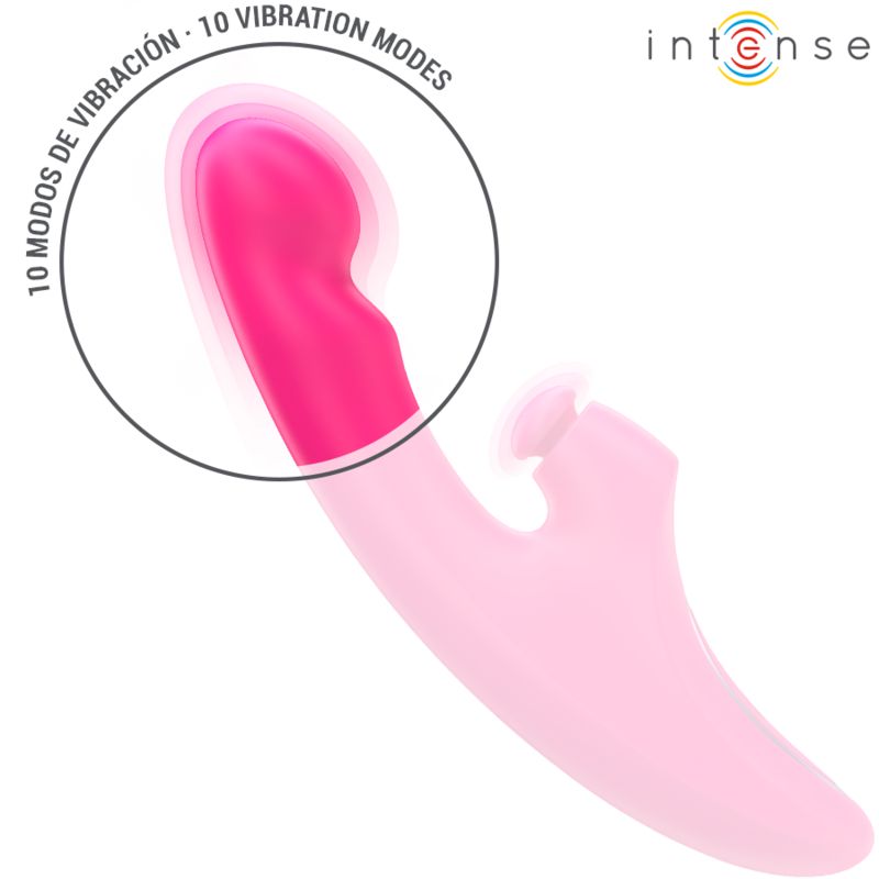 Pinkfarbener Vibrator mit hervorgehobener Spitze. 10 Vibrationsmodi. Der Vibrator hat eine geschwungene Form.