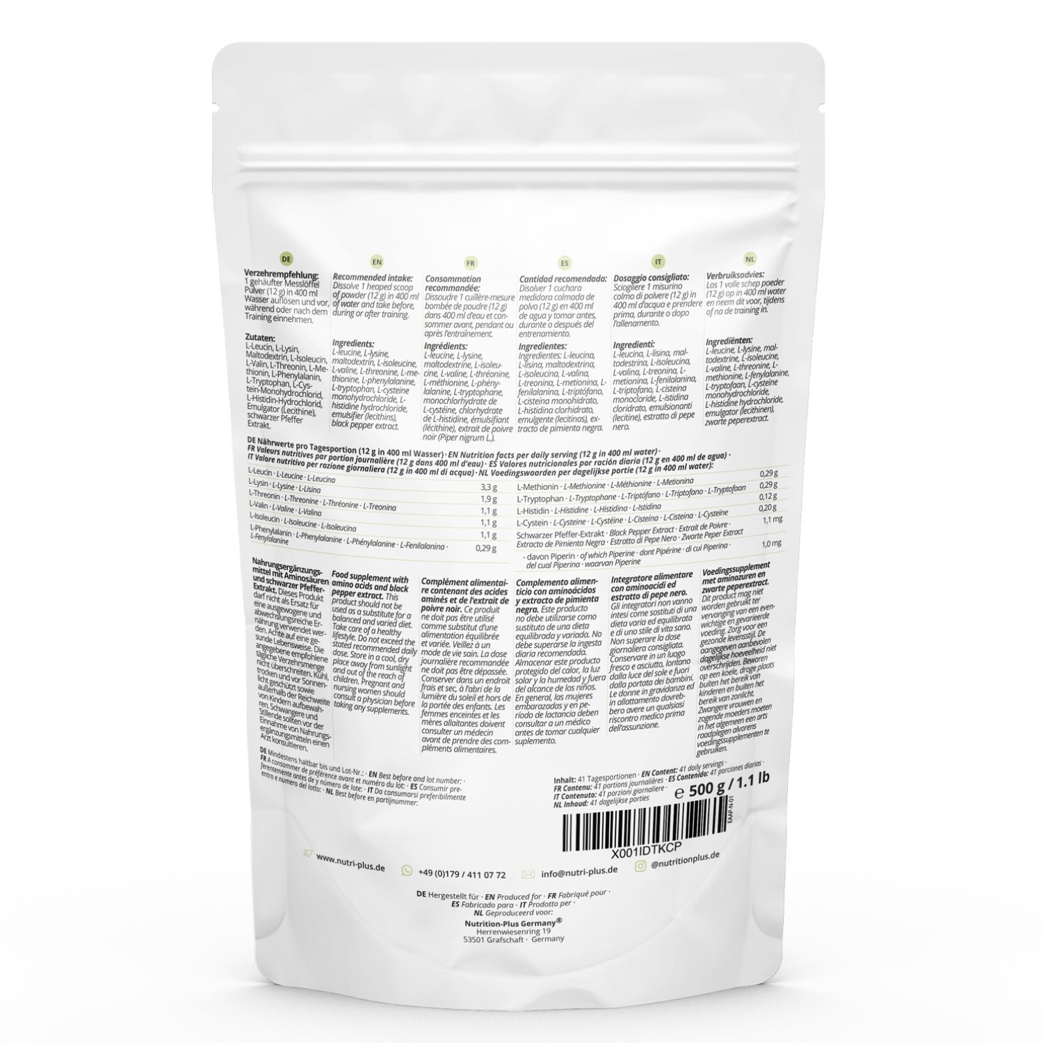 Beutel mit Produktinformationen. Enthält Zutatenliste und Nährwertangaben. 500g/1.1lb.