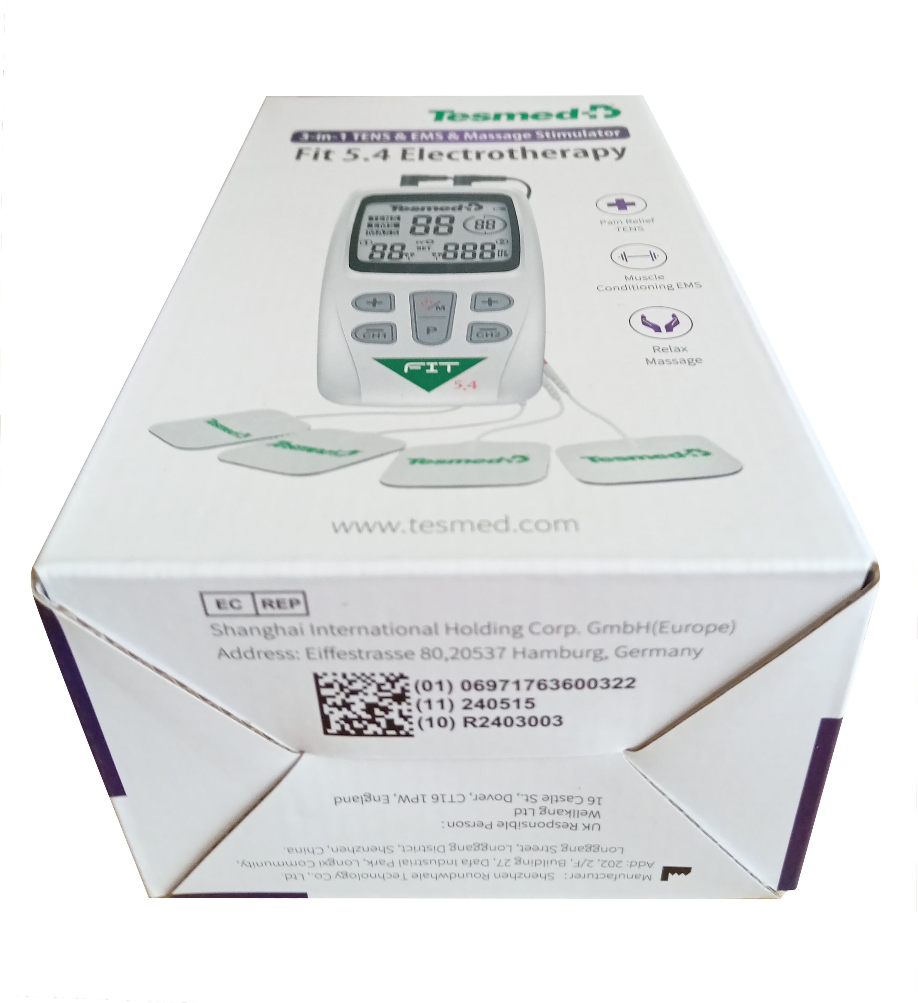 Confezione del prodotto. Elettrostimolatore con elettrodi. Marca: Tesmed. Modello: Fit 5.4. Testo sulla confezione.